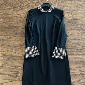 Karl Lagerfeld Black Midi Pearl Embellished Collar & Cuff Long Sleeve Dress
